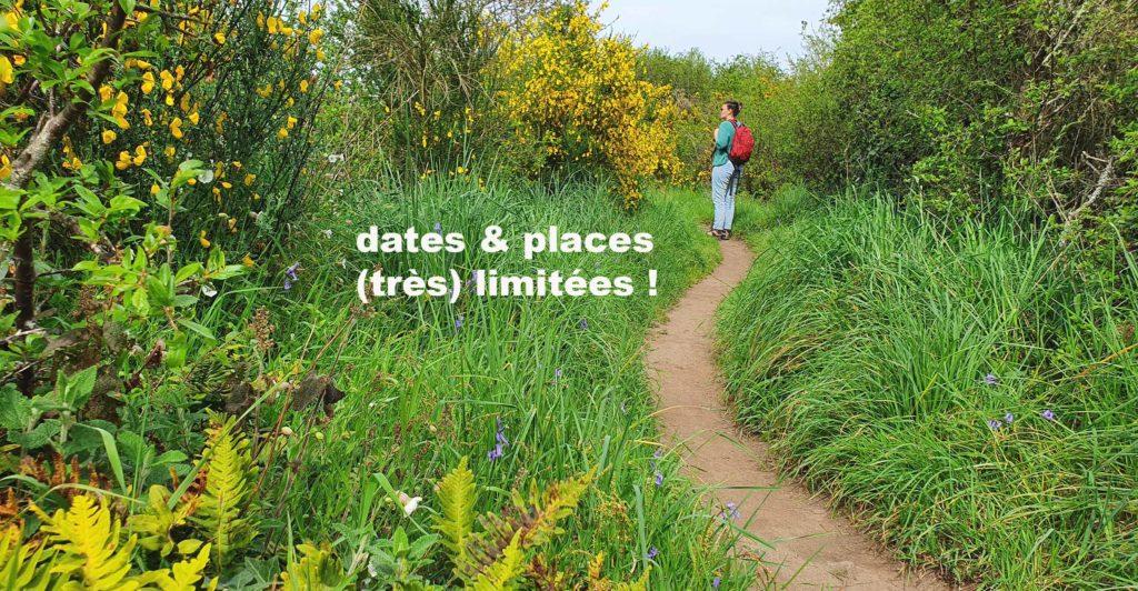 randonneuse sur le sentier côtier avec annotation : "dates et places (très) limitées !"